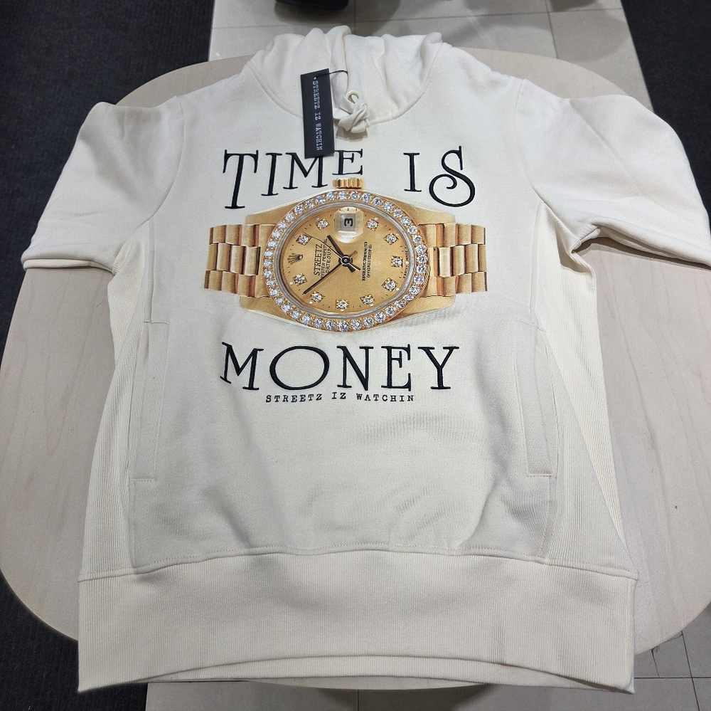 Streetz iz watchin Cream Hoodie with Gold Watch Graphic - "Time Is Money"